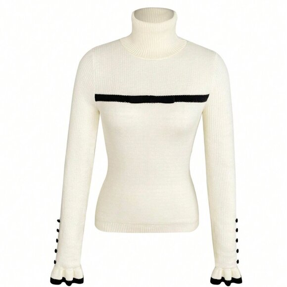 Beige Casual Women's Turtleneck Ruffled Button Long Sleeve Knit Sweater With Bow - Picture 3 of 8